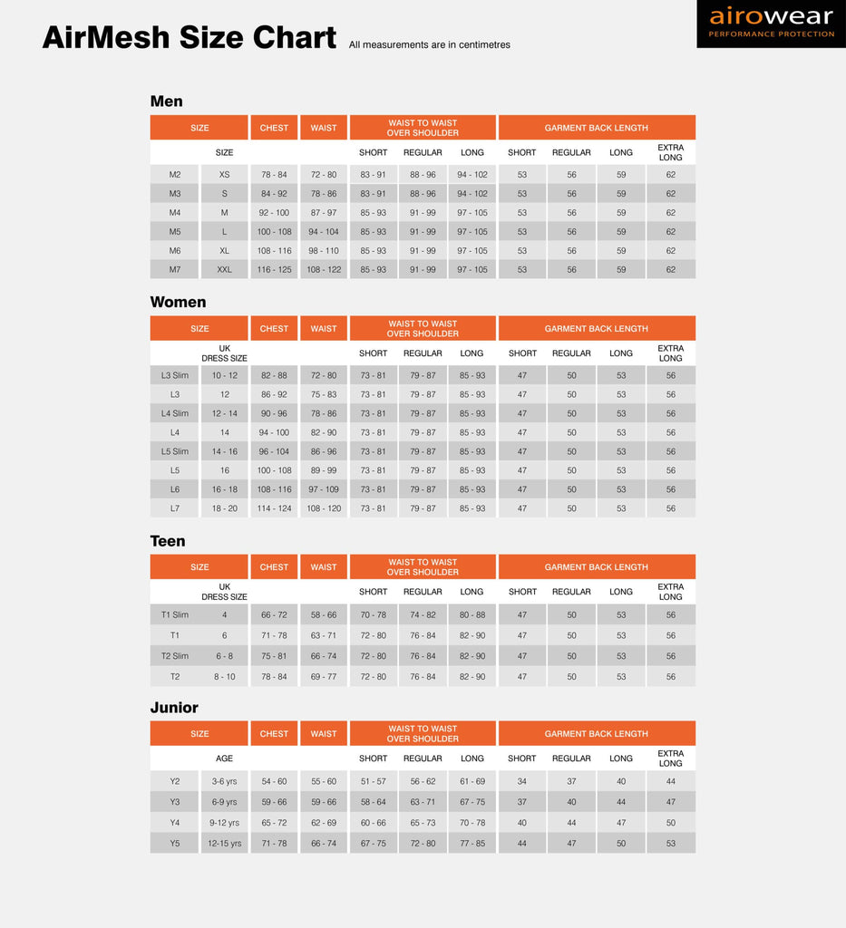 Airowear size chart for AirMesh Teen Body Proctector