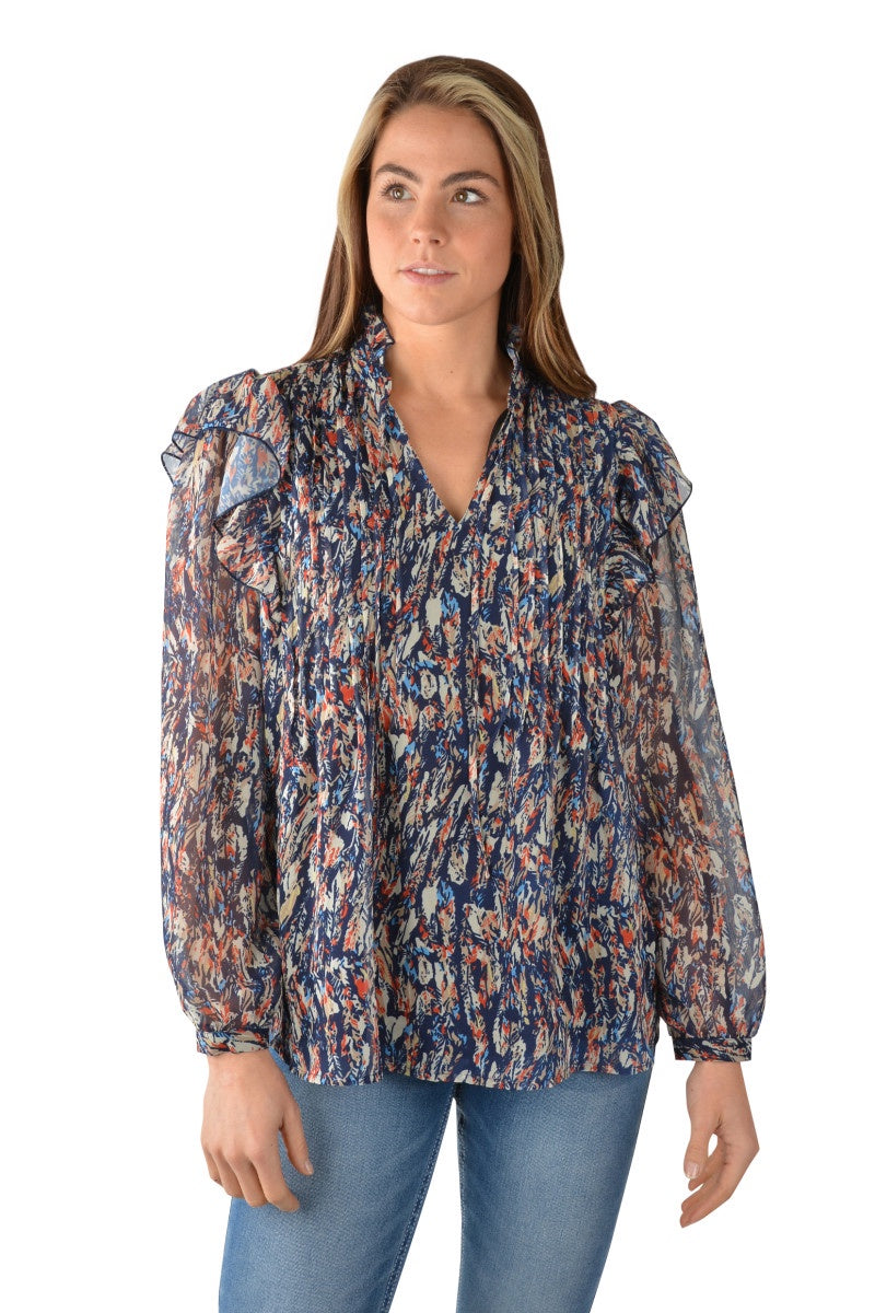 Pure Western Becca Ruffle LS Ladies Top Multi Colour