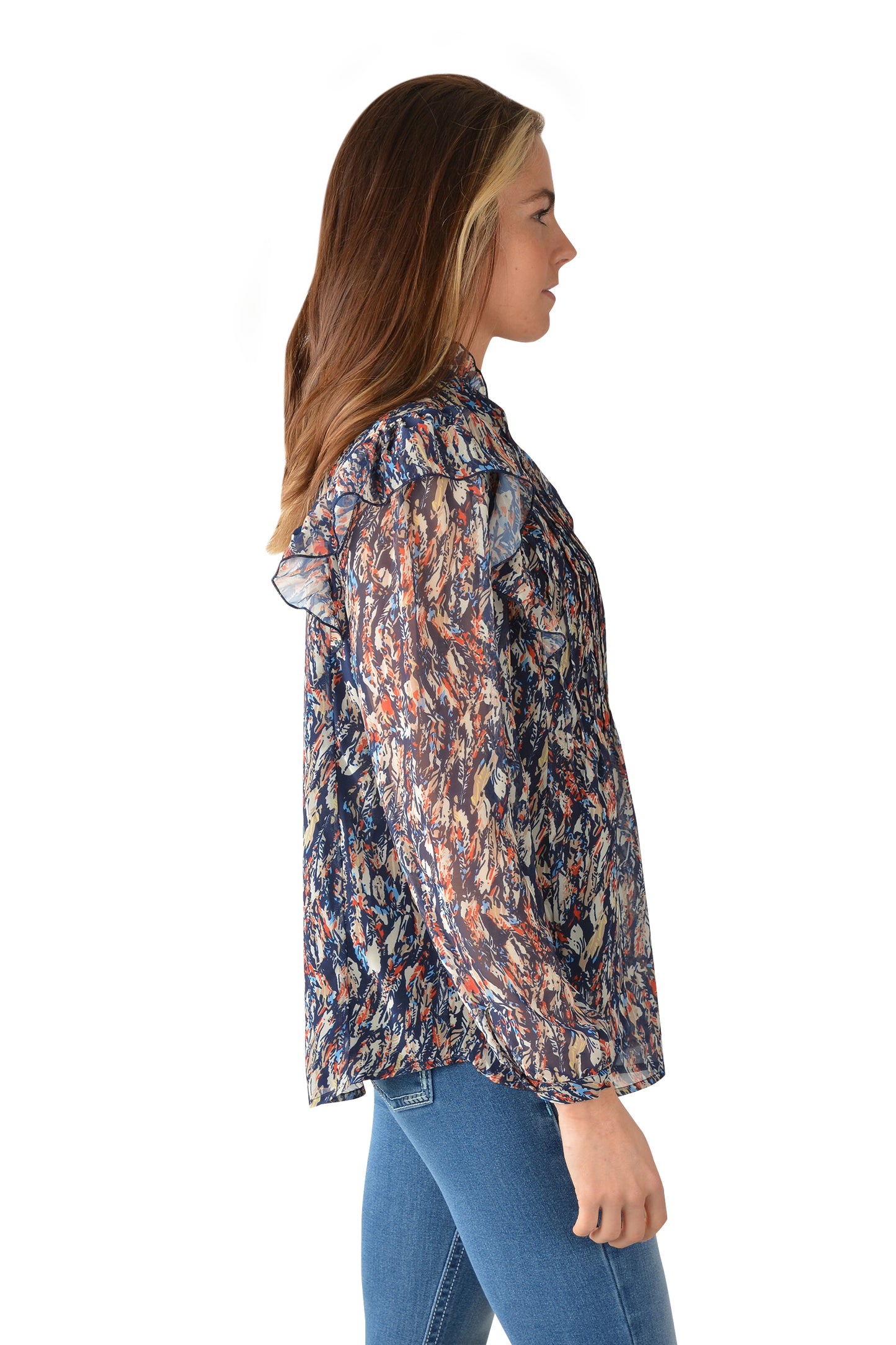 Pure Western Becca Ruffle LS Ladies Top Multi Colour