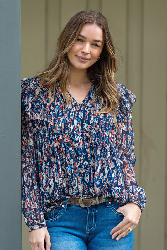 Pure Western Becca Ruffle LS Ladies Top Multi Colour