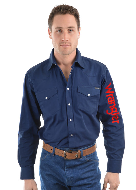 Wrangler Logo Rodeo Long Sleeve Drill Shirt Navy