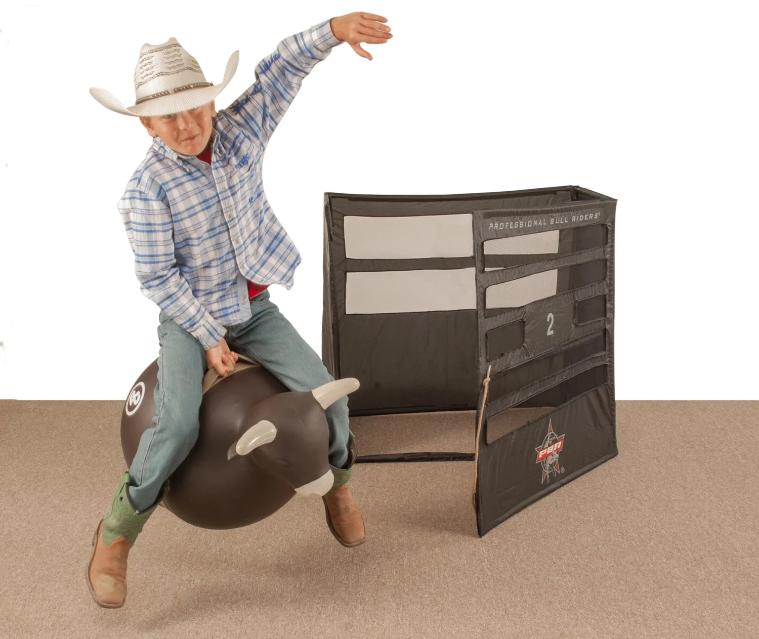 Kid-size bouncing ball with handle and rubber bull head