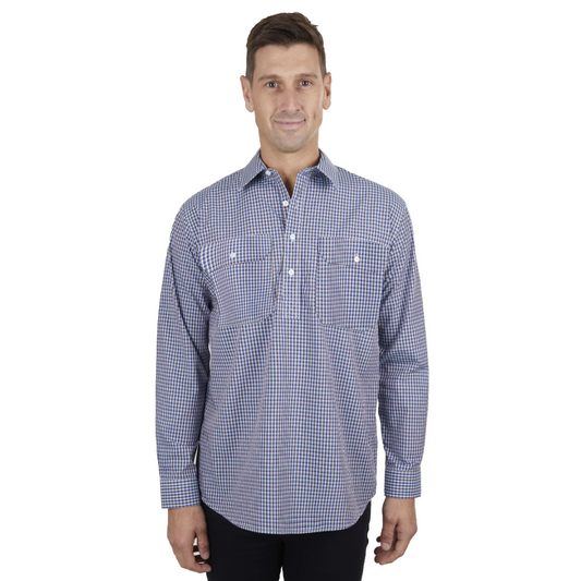 Hard Slog Mens Bobbie 1/2 LS Placket Shirt Navy & Tan
