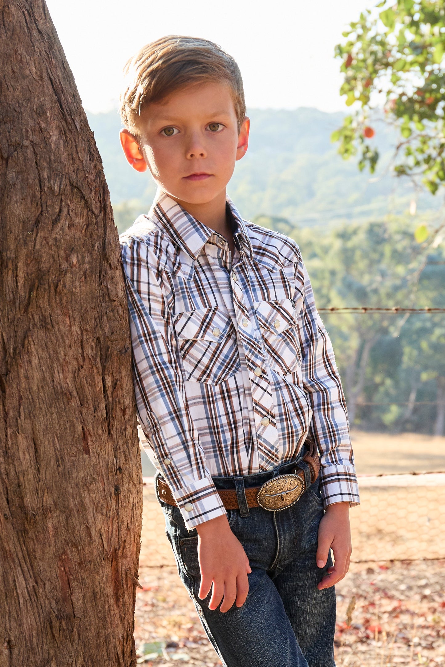 Pure Western Boys Evan LS Shirt White & Tan