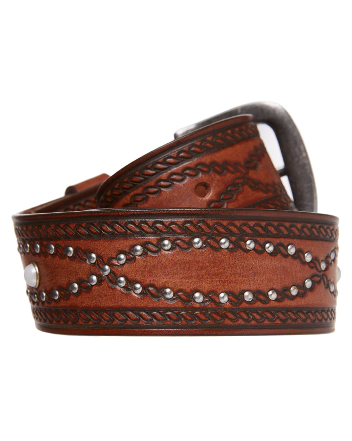 PBR Studded Buffalo Leather Belt Brown