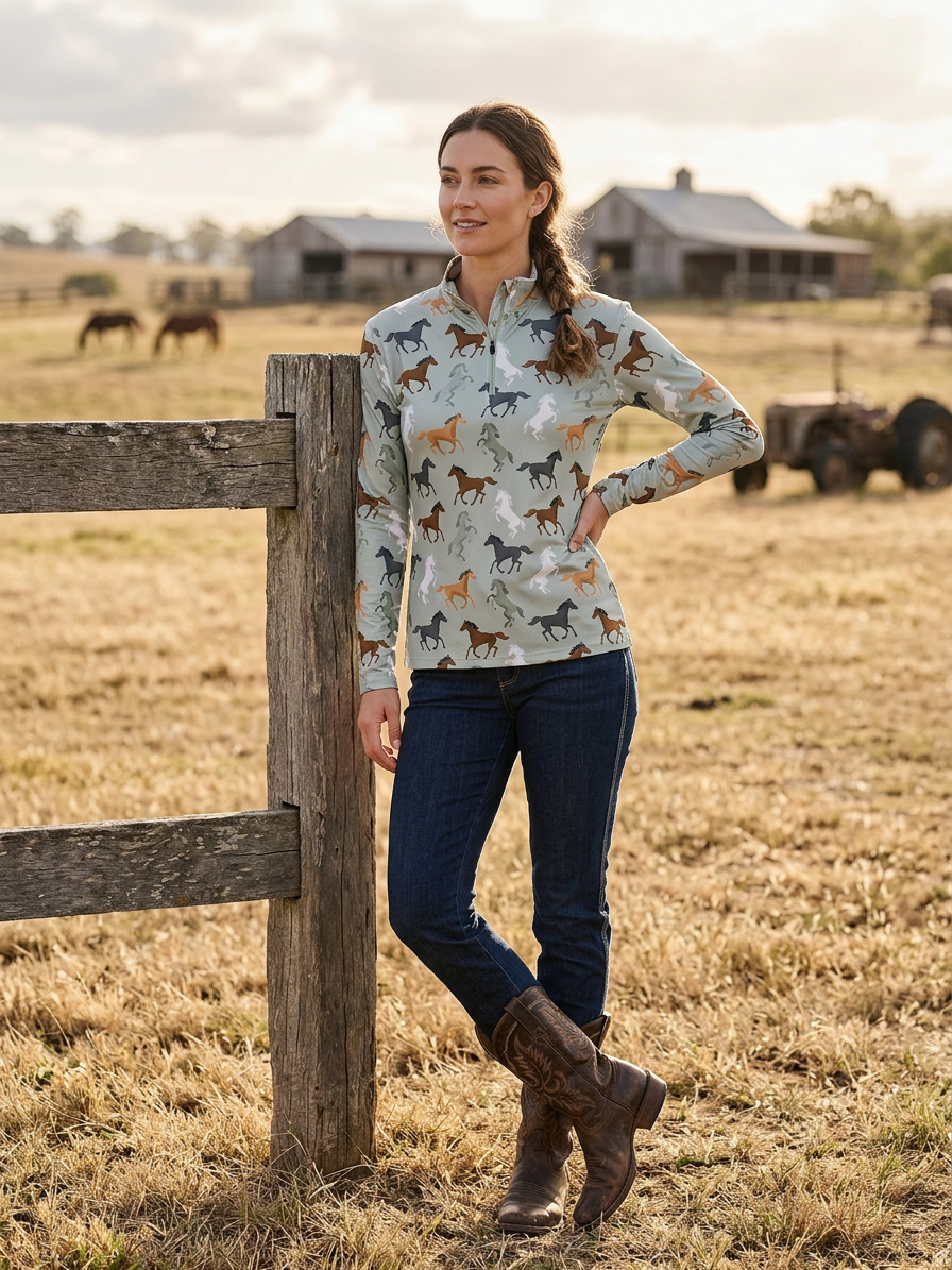Mia Jee's  Horse Printed Long Sleeve Ladies Shirt
