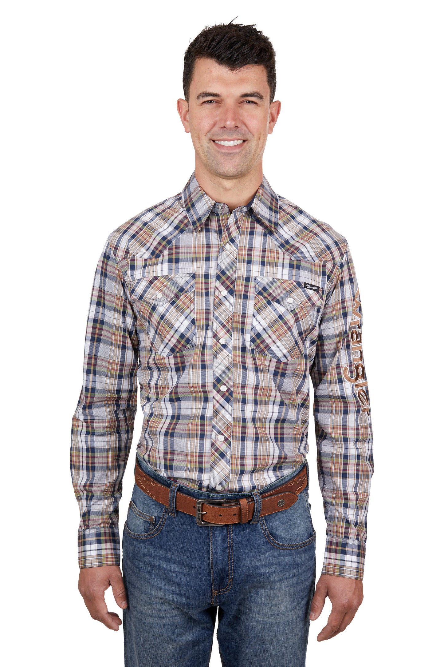 Wrangler Mens Tom Logo LS Shirt Navy & Tan