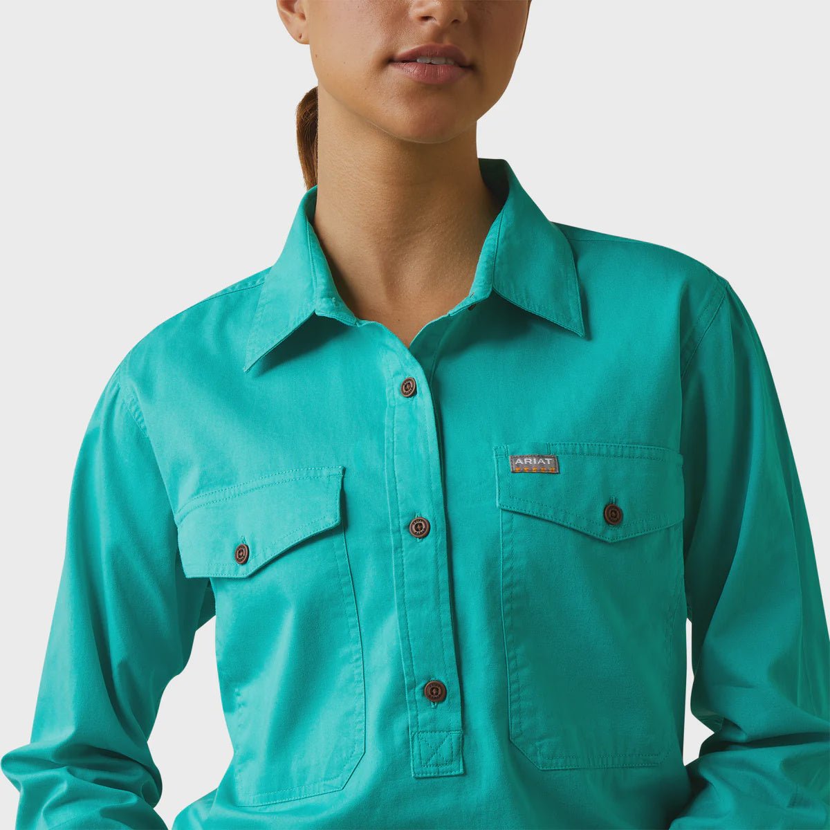 Ariat Ladies Rebar Half Button LS Workshirt Turquoise - Aitken's Saddlery