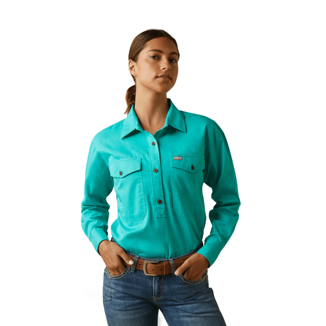 Ariat Ladies Rebar Half Button LS Workshirt Turquoise - Aitken's Saddlery