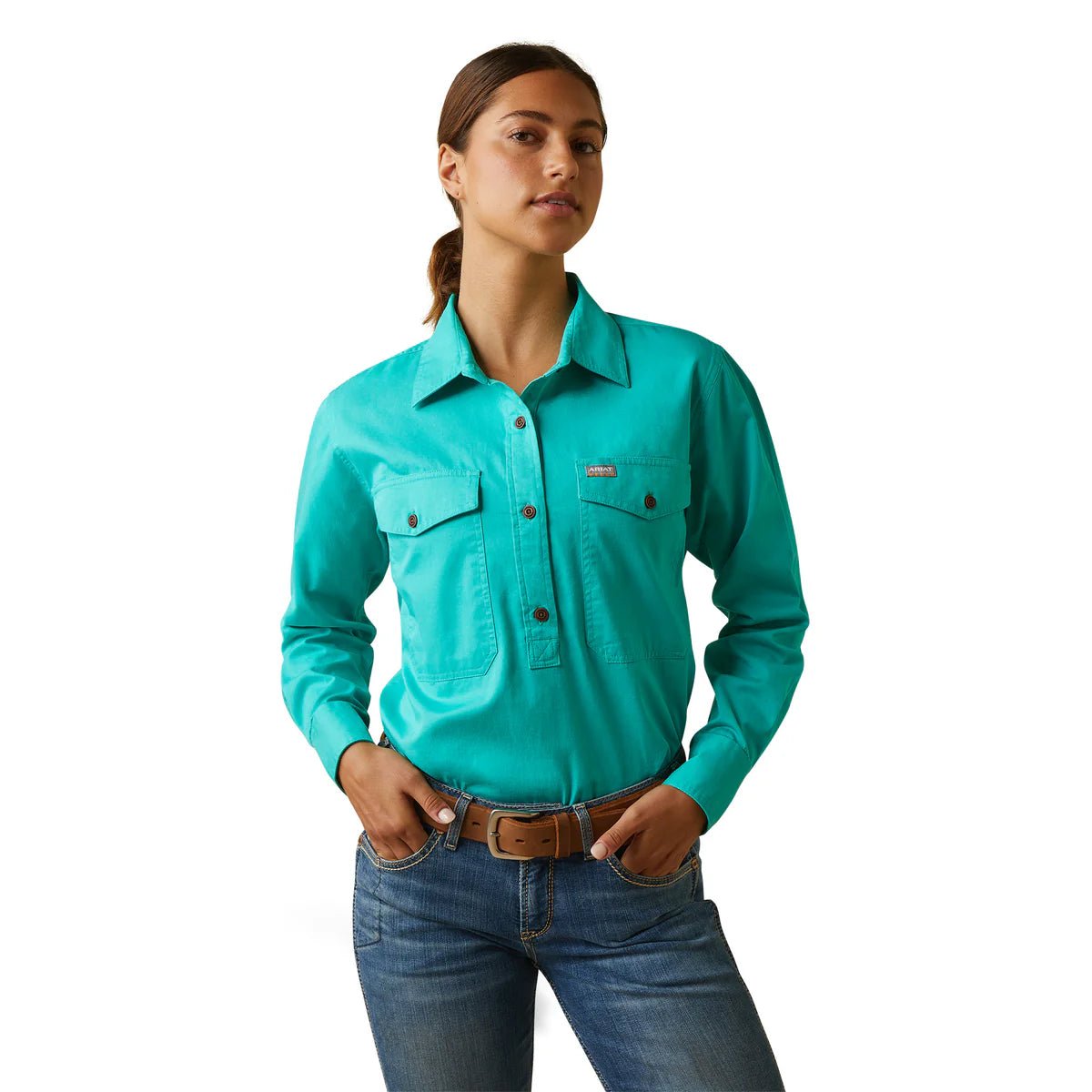 Ariat Ladies Rebar Half Button LS Workshirt Turquoise - Aitken's Saddlery