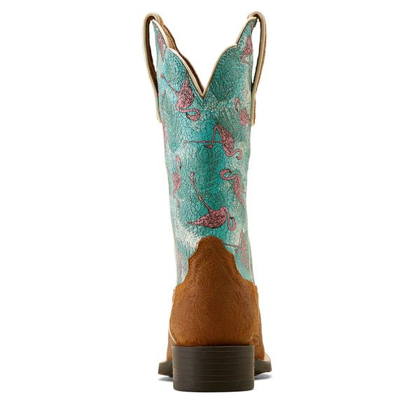 Ariat Ladies Round Up Wide Square Toe Embossed Chestnut Flamingos - Aitken's Saddlery