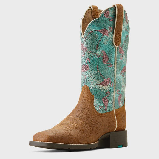 Ariat Ladies Round Up Wide Square Toe Embossed Chestnut Flamingos - Aitken's Saddlery