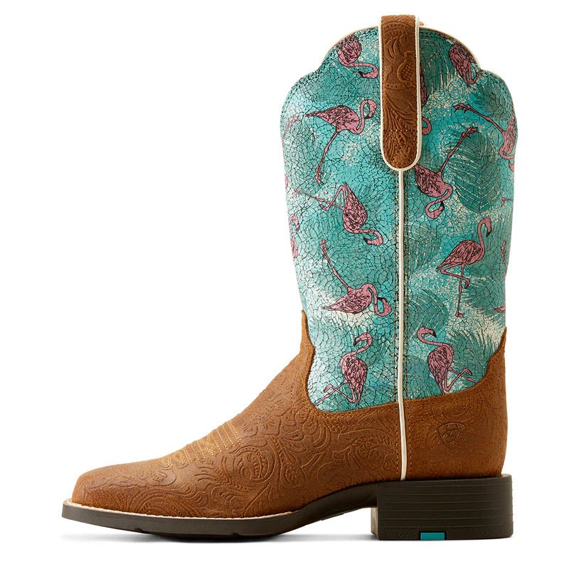 Ariat Ladies Round Up Wide Square Toe Embossed Chestnut Flamingos - Aitken's Saddlery