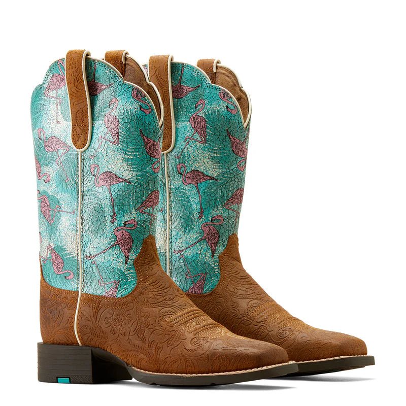 Ariat Ladies Round Up Wide Square Toe Embossed Chestnut Flamingos - Aitken's Saddlery