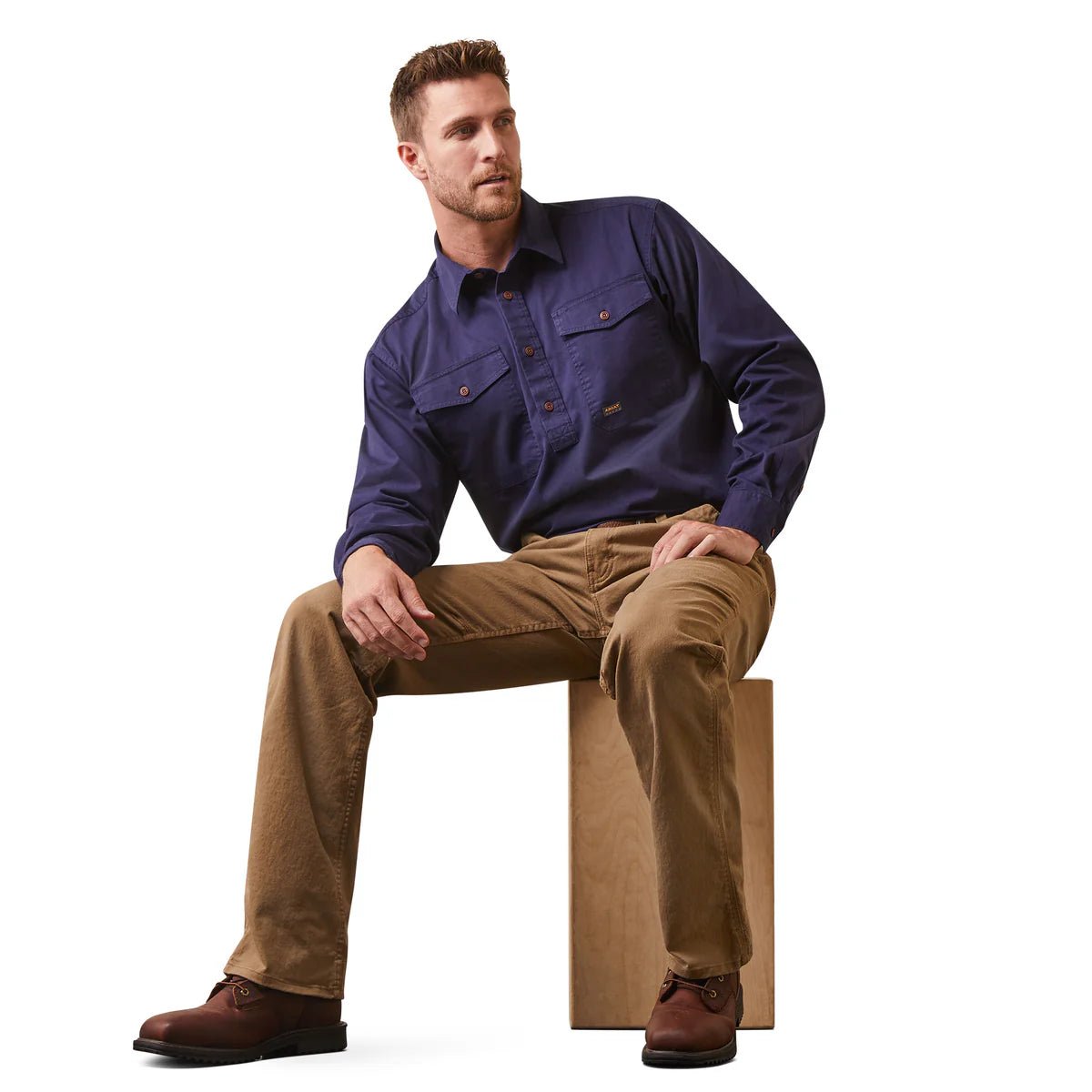 Ariat Mens Rebar Half Button LS Workshirt Navy - Aitken's Saddlery