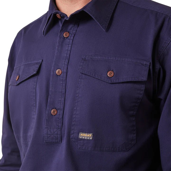 Ariat Mens Rebar Half Button LS Workshirt Navy - Aitken's Saddlery