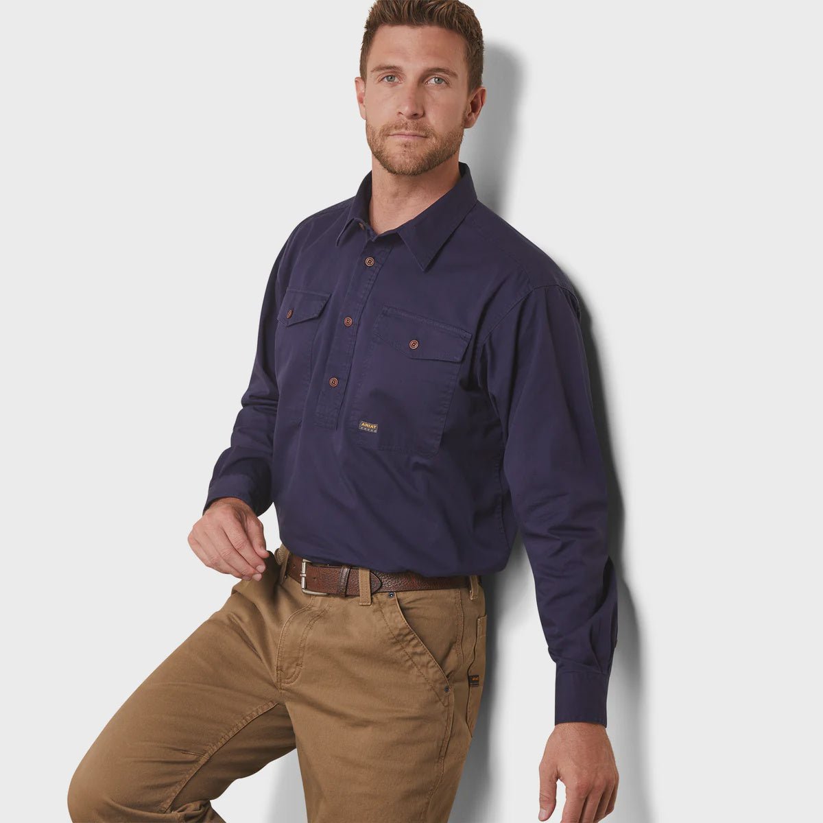 Ariat Mens Rebar Half Button LS Workshirt Navy - Aitken's Saddlery
