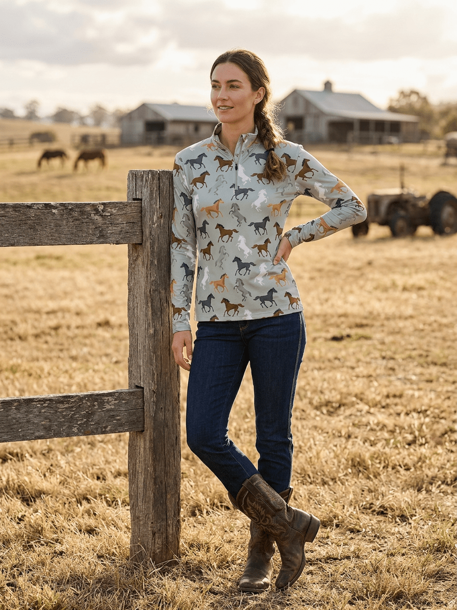 Mia Jee's Horse Printed Long Sleeve Ladies Shirt - Aitken's Saddlery