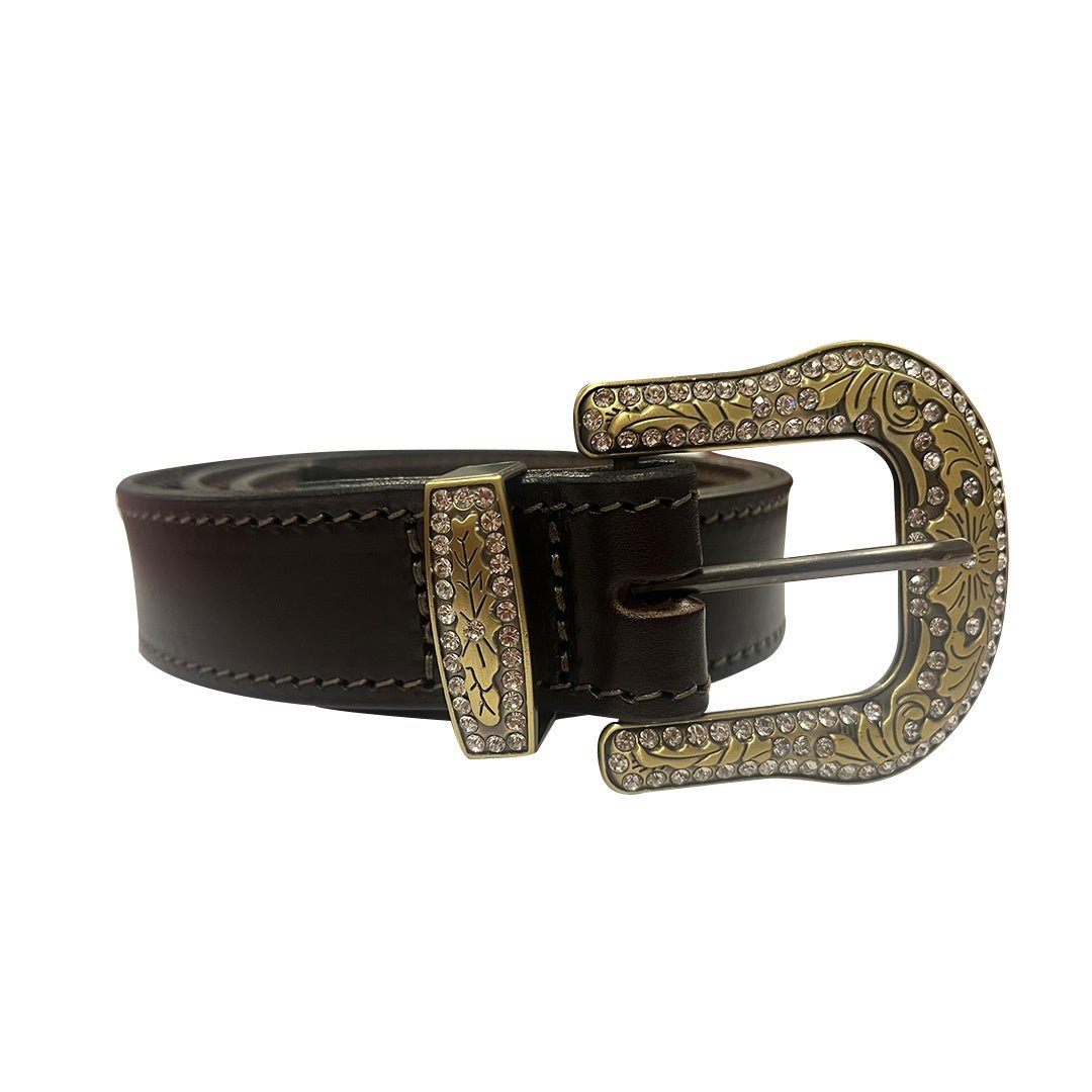 Porter Glam Western Brown Belt Grey & Gold Buckle Crystal - Aitken's Saddlery