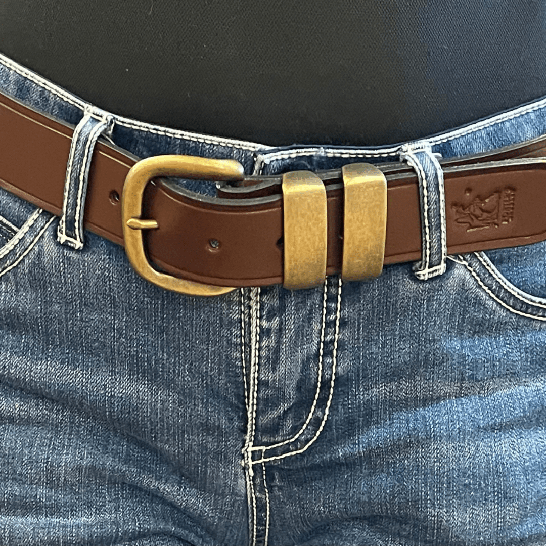 Porter Leather Belt Med Brown Antique Brass 1.5 - Aitken's Saddlery