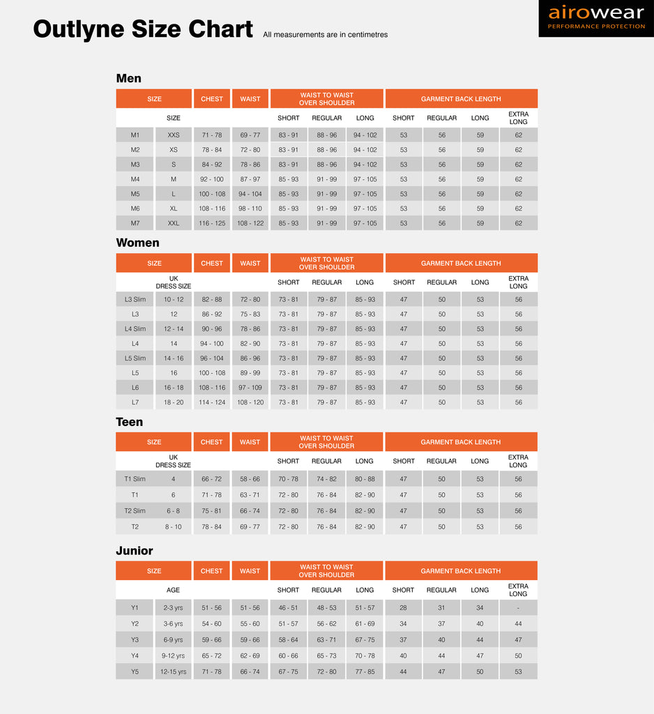 Airowear outlyne junior body protector size chart 