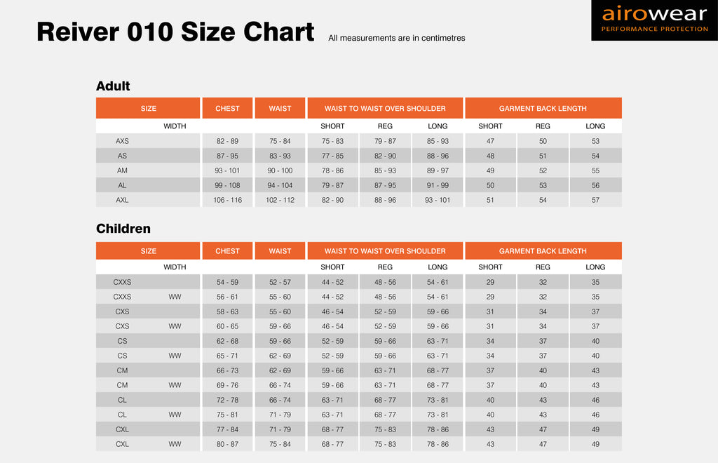 Airowear Reiver Body Protector chart size