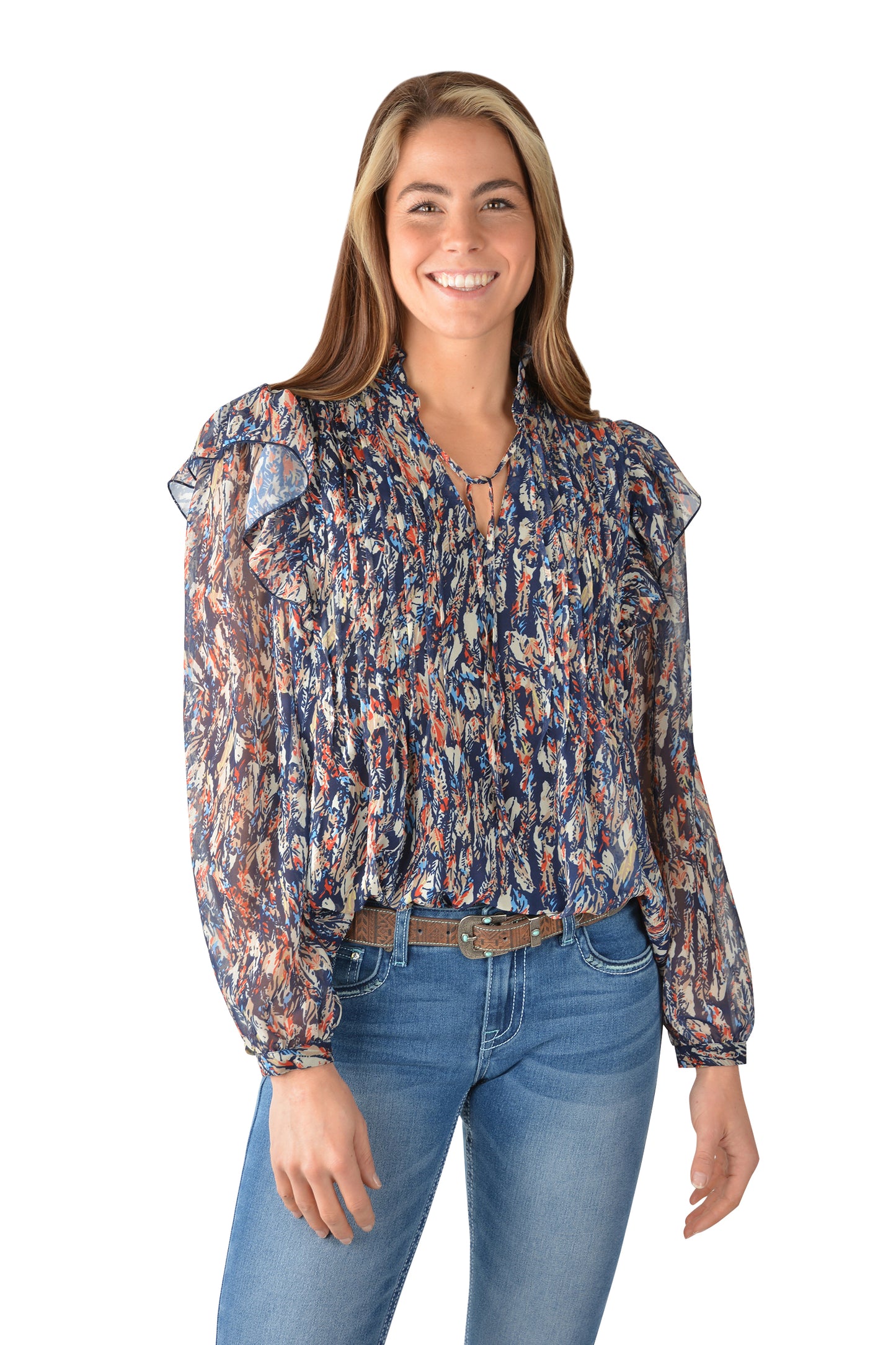 Pure Western Becca Ruffle LS Ladies Top Multi Colour