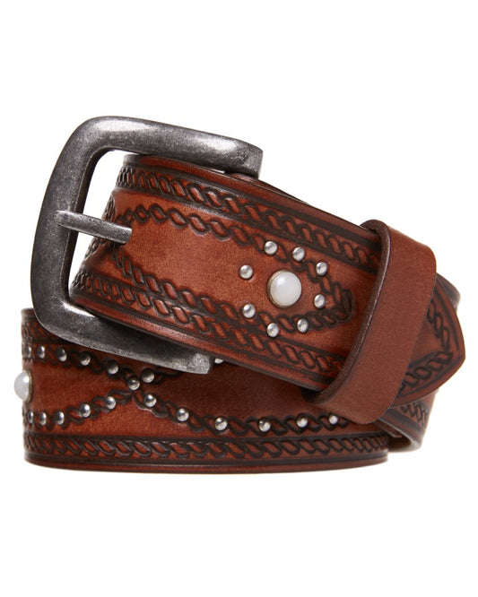 PBR Studded Buffalo Leather Belt Brown