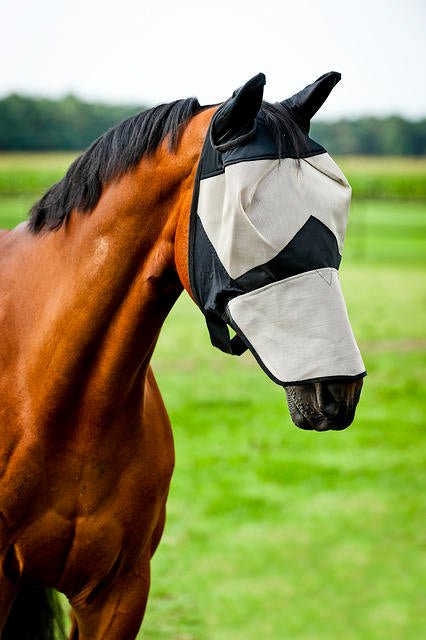 Horze Long Nose Fly Mask Hood Light Brown & Black - Aitken's Saddlery