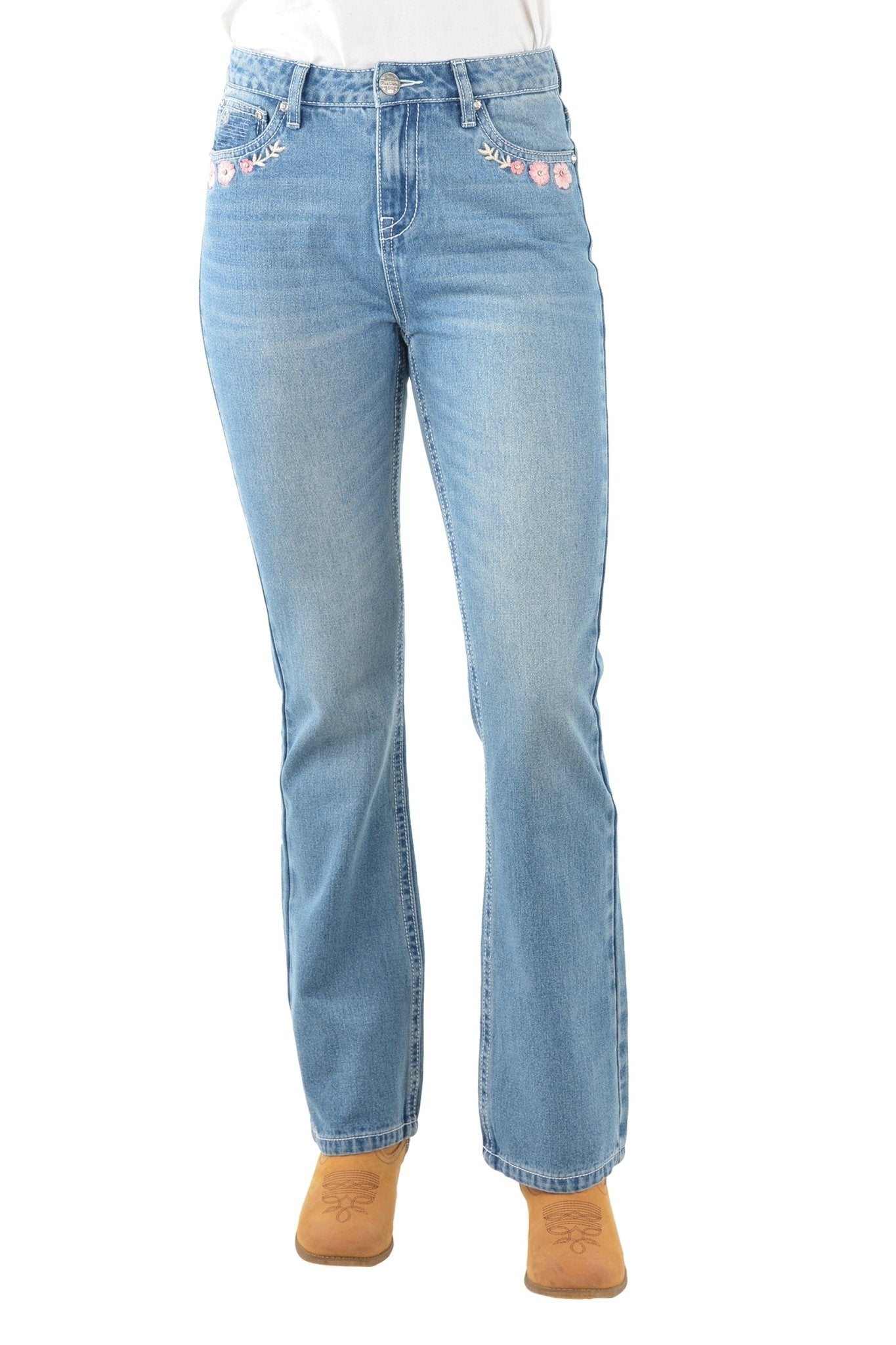 Pure Western Flora High Rise Boot Cut Ladies Jeans Faded Blue - Aitken's Saddlery
