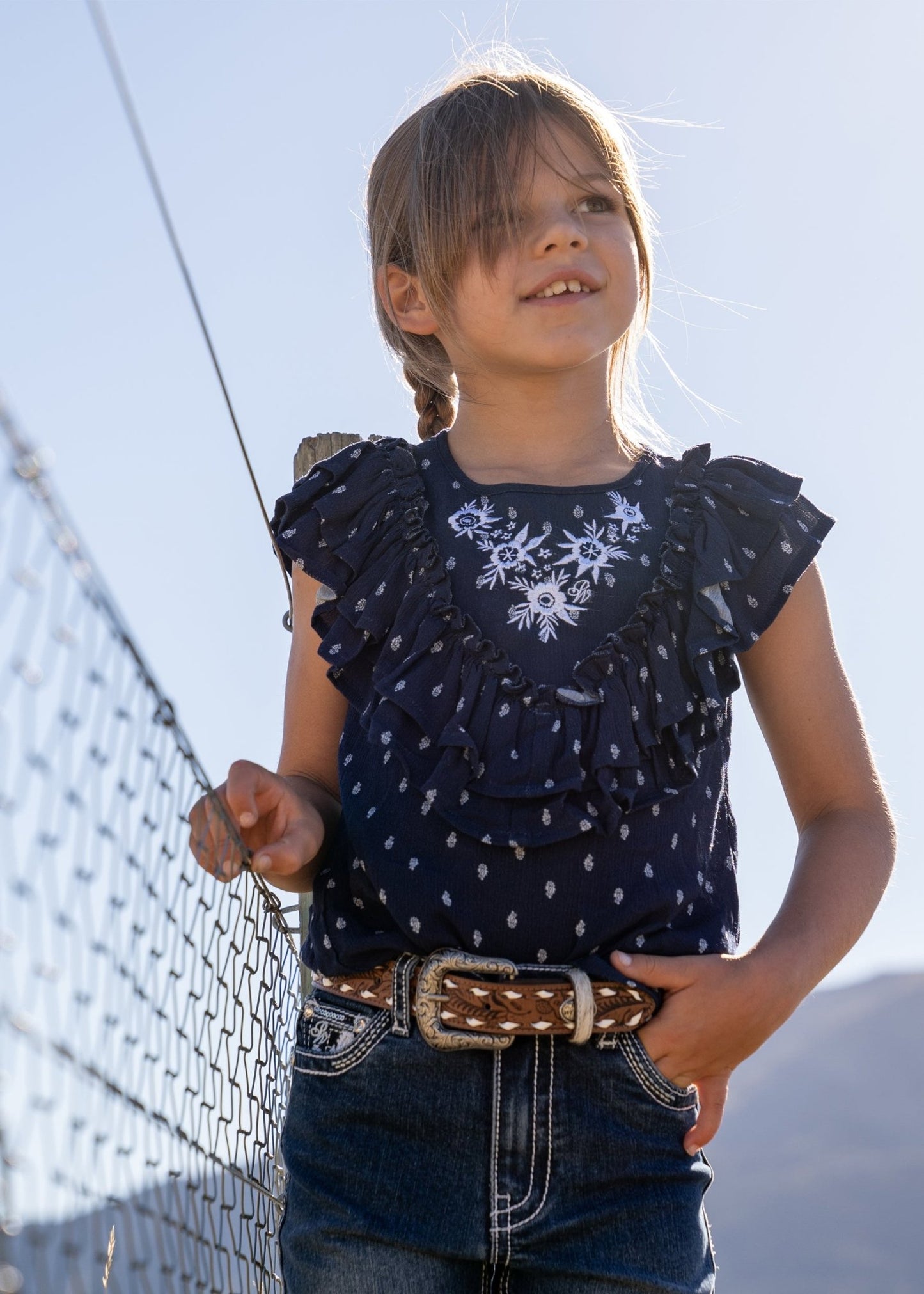 Pure Western Maddie Girls Blouse Navy - Aitken's Saddlery