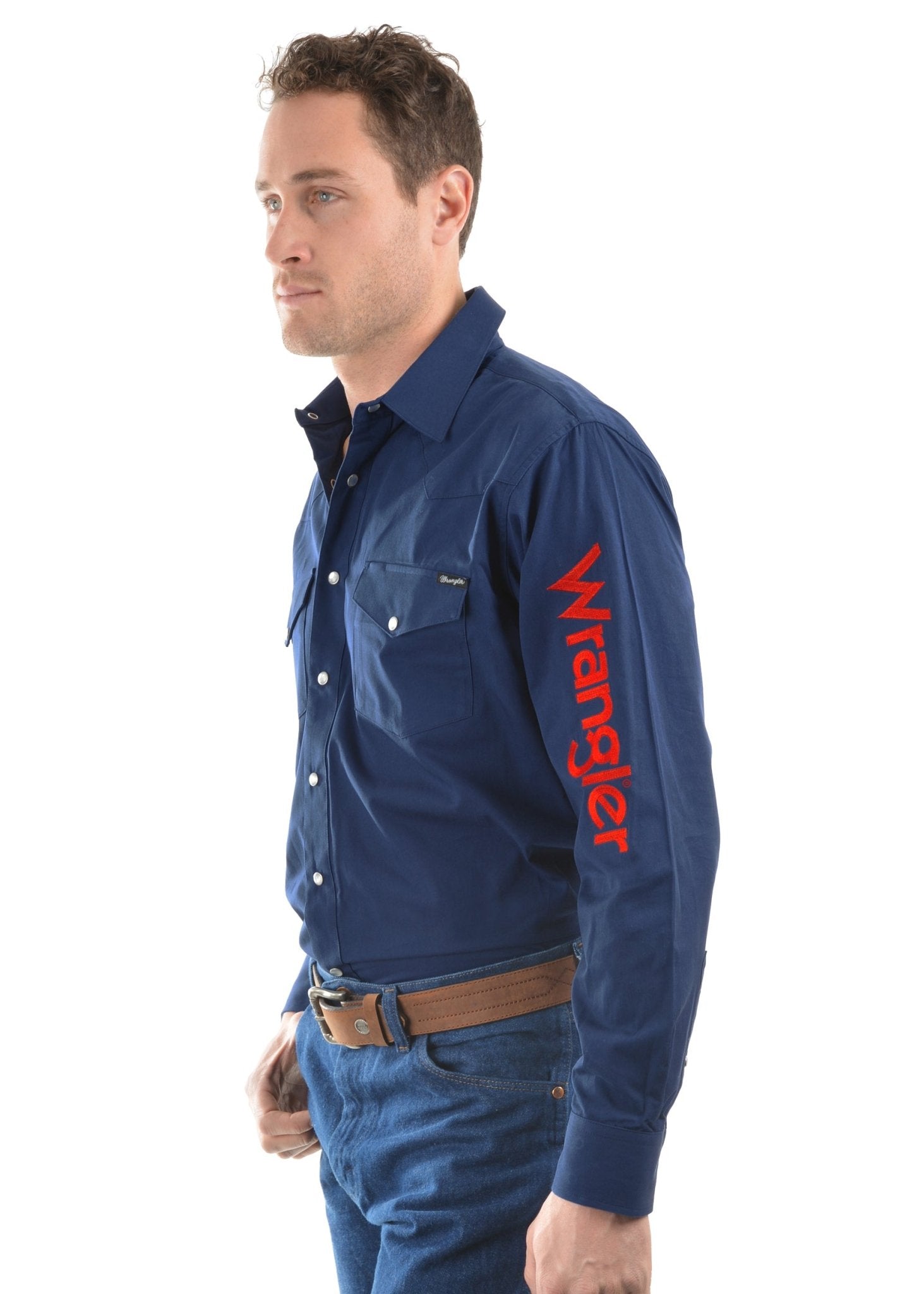 Wrangler Logo Rodeo Long Sleeve Drill Shirt Navy - Aitken's Saddlery