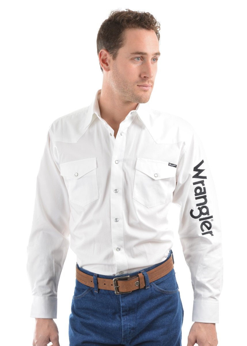 Wrangler Logo Rodeo Long Sleeve Drill Shirt White - Aitken's Saddlery